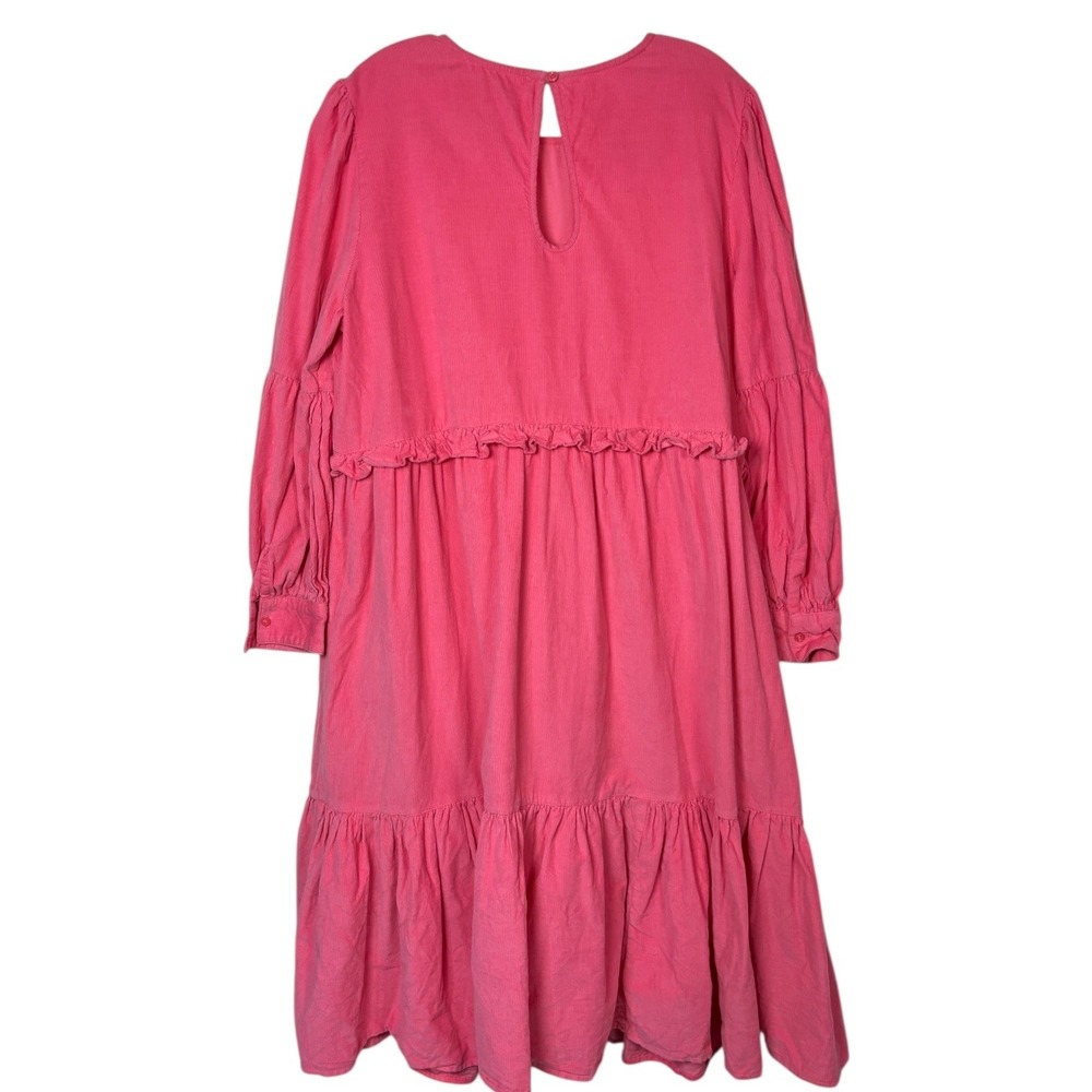 Asos Denim Pink Corduroy Frill Smocked Tiered Midi Dress Long Sleeve Sz US 14 - Picture 3 of 9